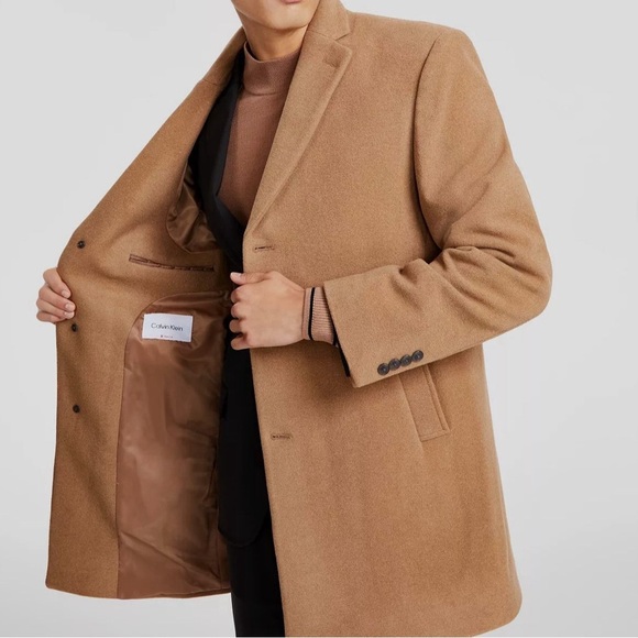 Calvin Klein Camel Wool Blend Overcoat Size 42L Slim Fit - Picture 2 of 16